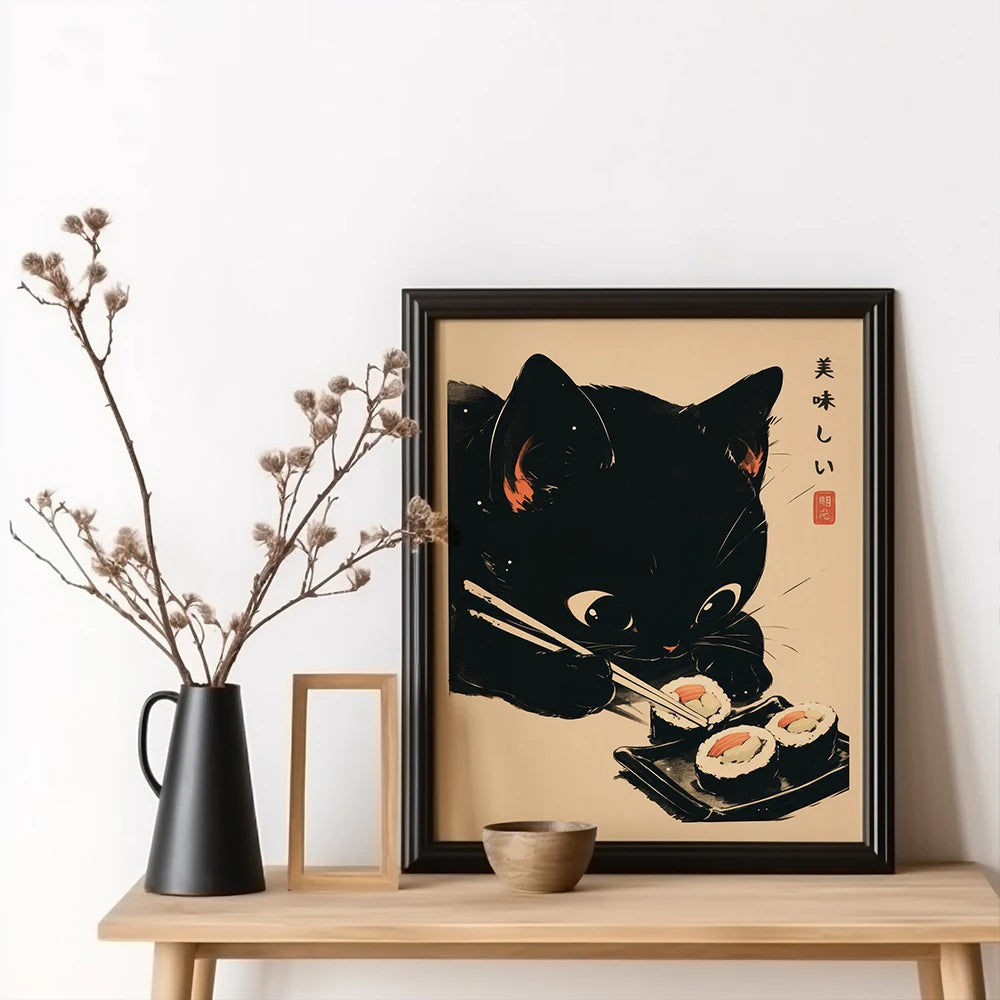 Sushi Chef Black Cat Wall Canvas