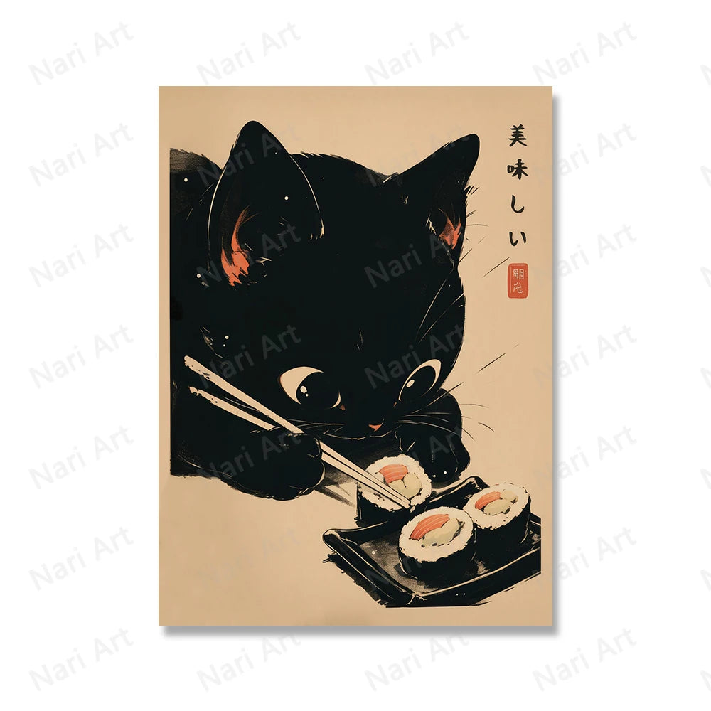 Sushi Chef Black Cat Wall Canvas