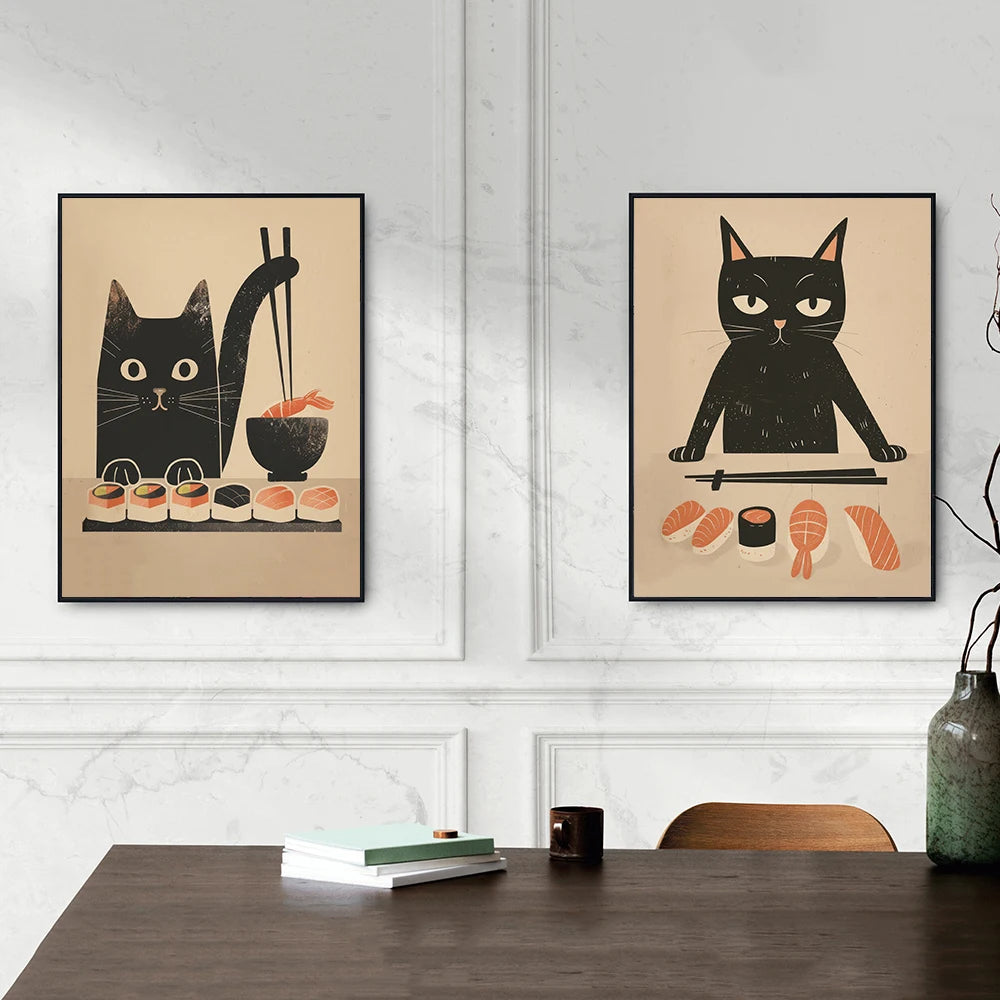 Sushi Chef Black Cat Wall Canvas