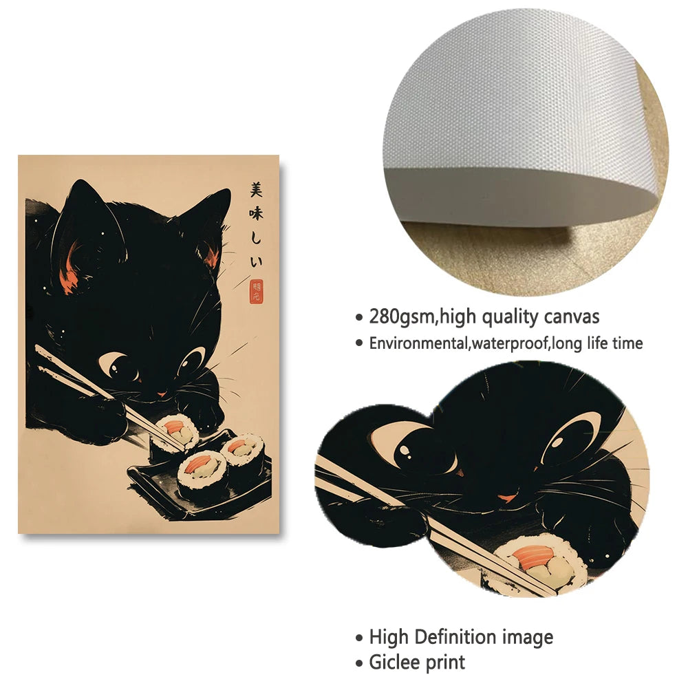 Sushi Chef Black Cat Wall Canvas