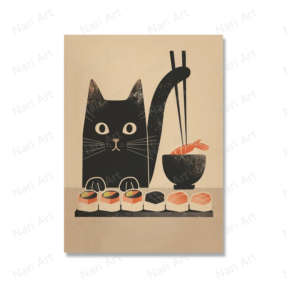 Sushi Chef Black Cat Wall Canvas