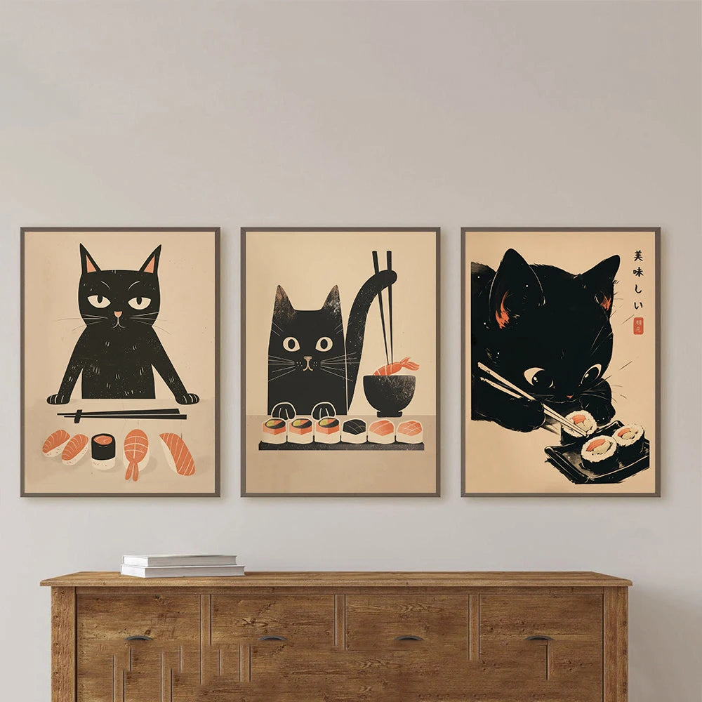 Sushi Chef Black Cat Wall Canvas