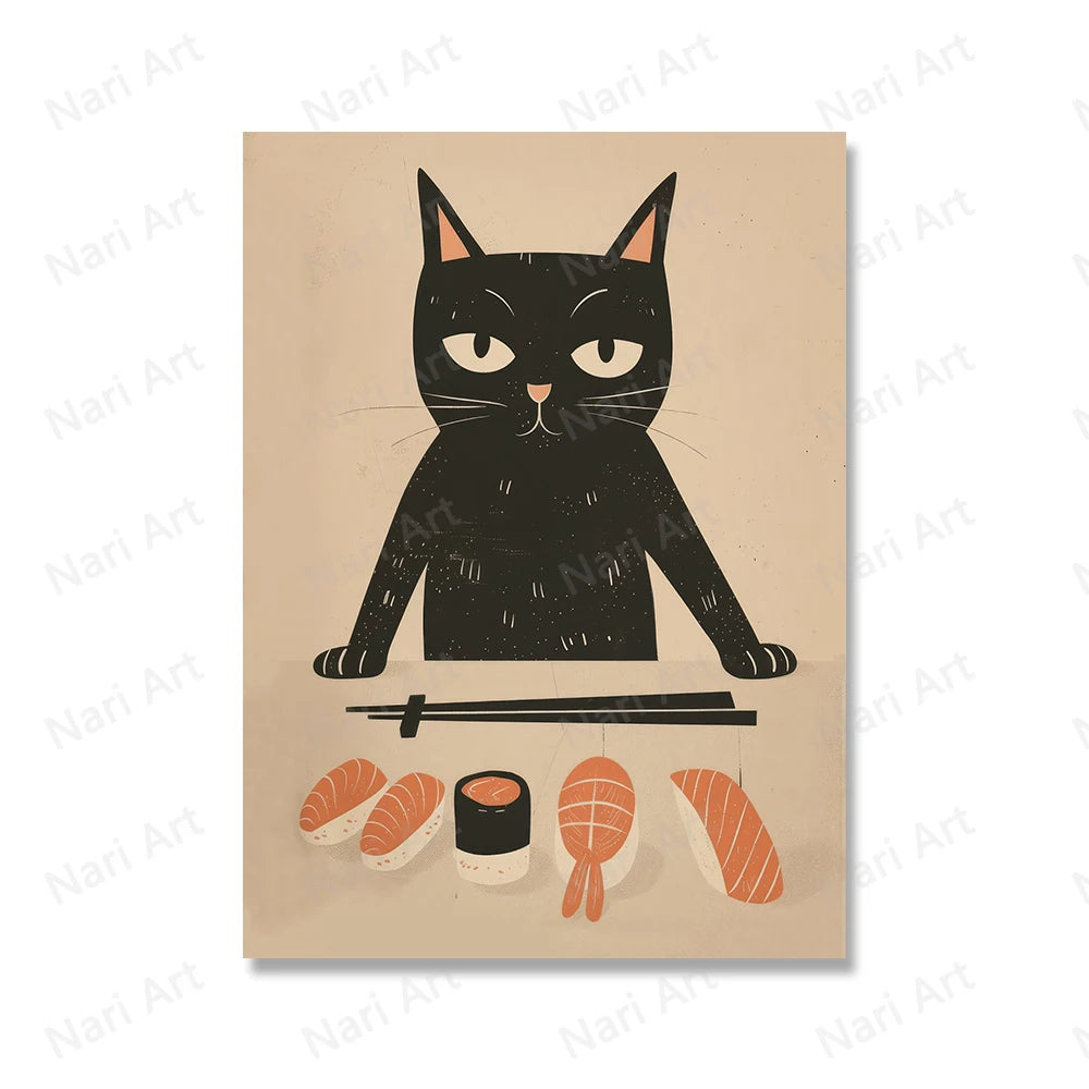 Sushi Chef Black Cat Wall Canvas