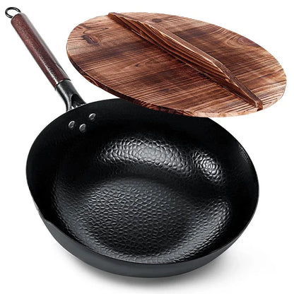 Sartén Wok De Acero Con Tapa De Madera.
